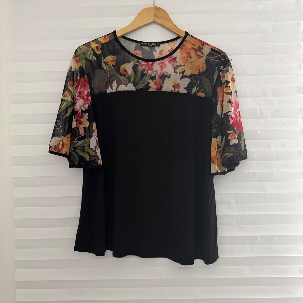 Kim & Cami Womens Black Floral Mesh Flutter Sleeve Top Large Mixed Media Blouse